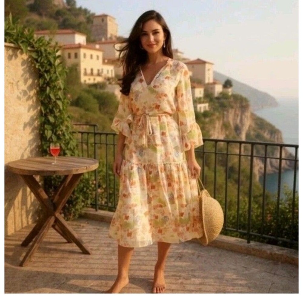 MISA Los Angeles Midi Dress Marcele Pastel Splash Chiffon Cottagecore Flowy XS